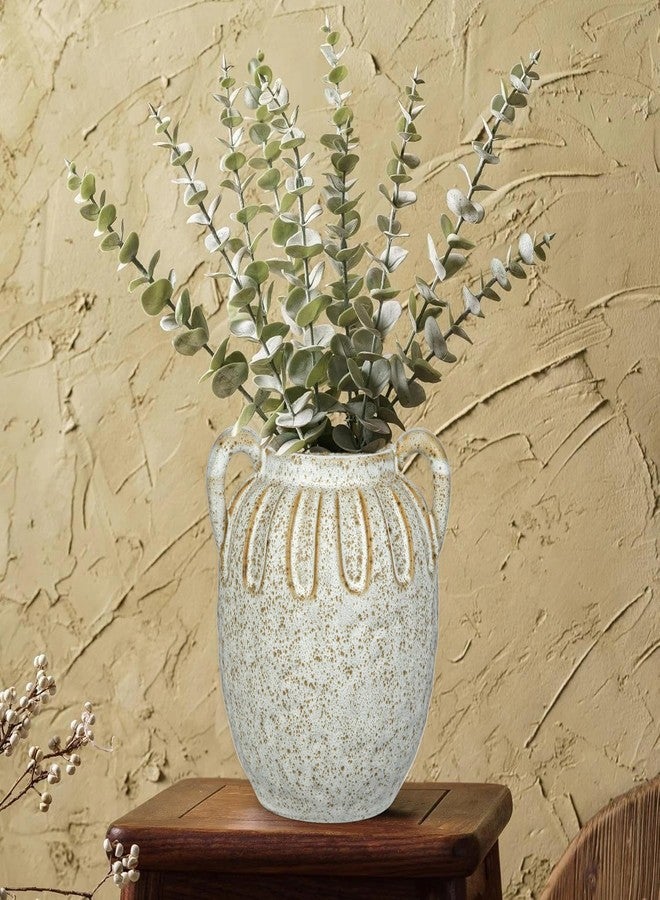 GnFlus Vintage Ceramic Vase with 2 Handles,Farmhouse Boho Vase for Home Decor, Petal-Like Pluting Rustic Vase for Flower, Centerpiece Table Decoration 6.1 Inch - Image 5